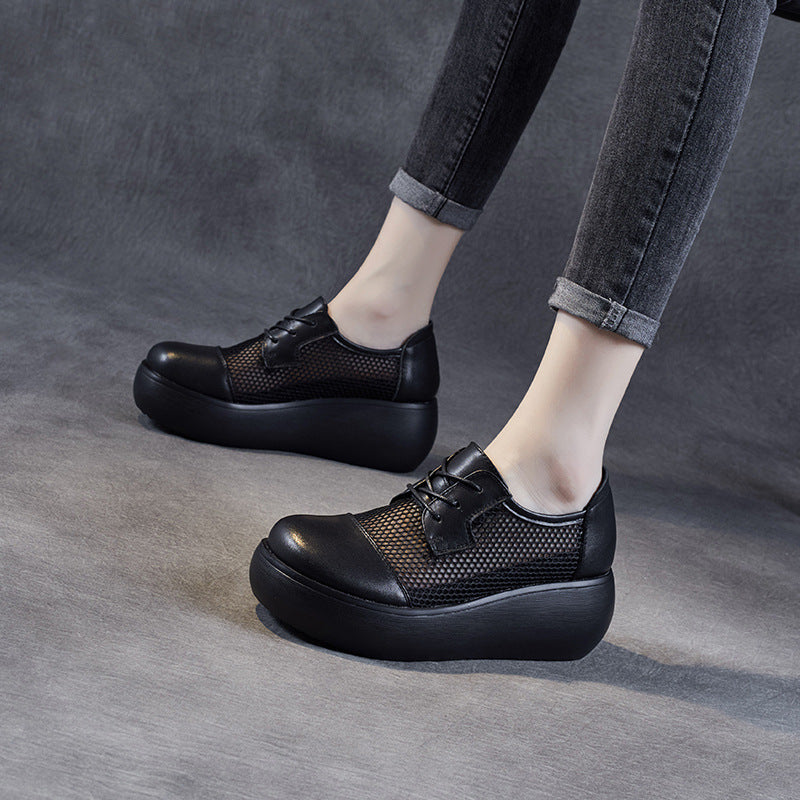 Women Casual Hollow Mesh Leather Platform Shoes-RAIIFY