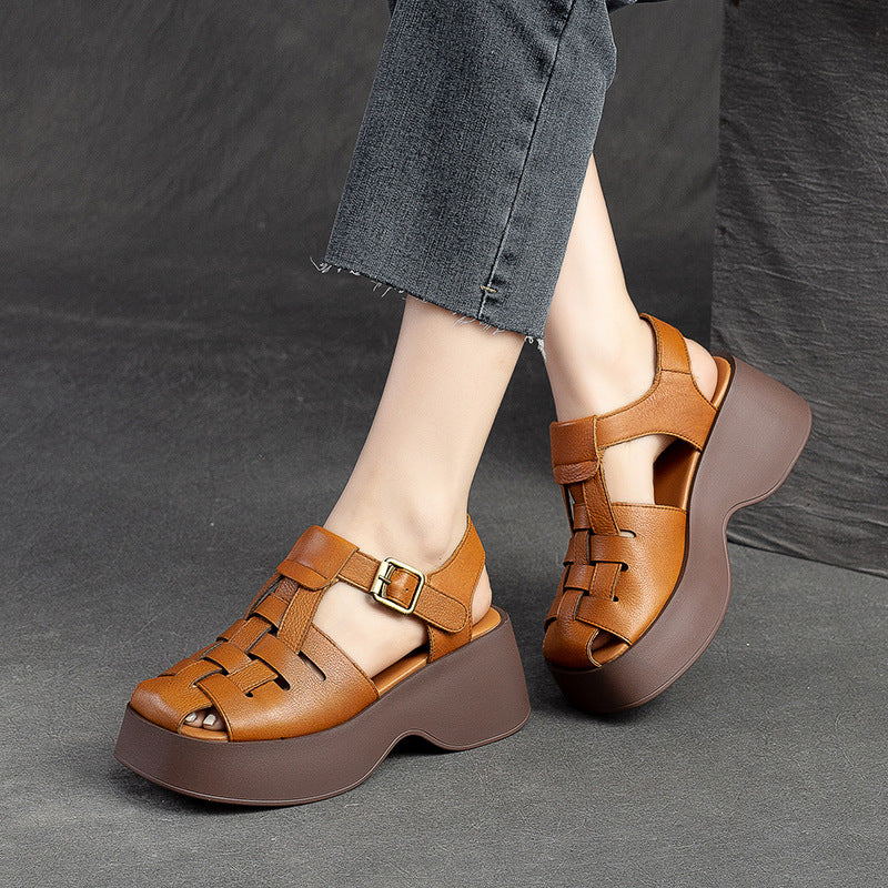 Women Summer Retro Leather Platform Casual Sandals-RAIIFY