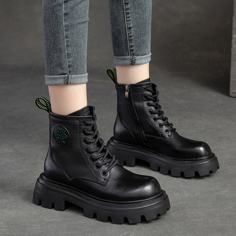 Women Casual Fashion Thick Soled Leather Boots-RAIIFY