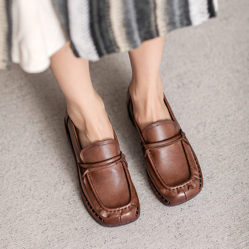 Women Retro Soft Leather Chunky Wedge Loafers-RAIIFY