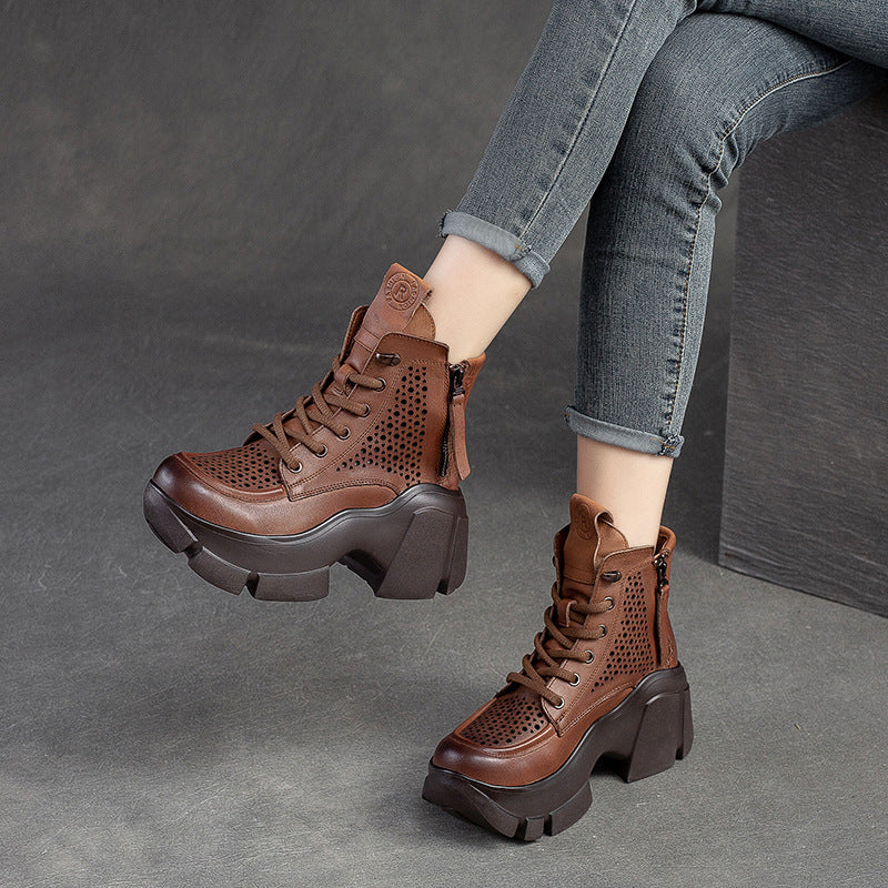 Women Summer Hollow Leather Chunky Platform Boots-RAIIFY