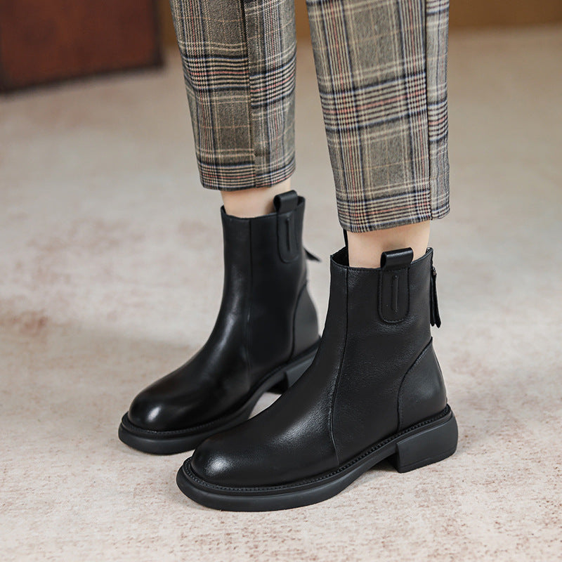 Women Retro Solid Leather Boots-RAIIFY