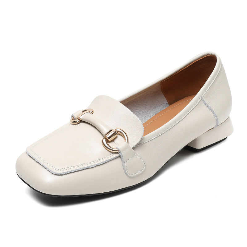 Women Minimalist Buckle Leather Low Block Loafers-RAIIFY