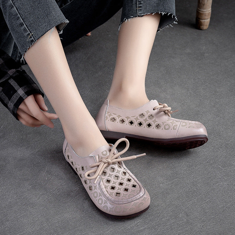 Women Summer Hollow Soft Leather Flat Casual Shoes-RAIIFY