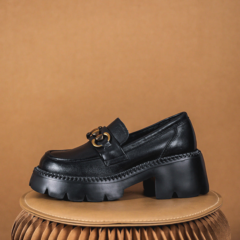 Women Retro Leather Thick Wedge Loafers-RAIIFY