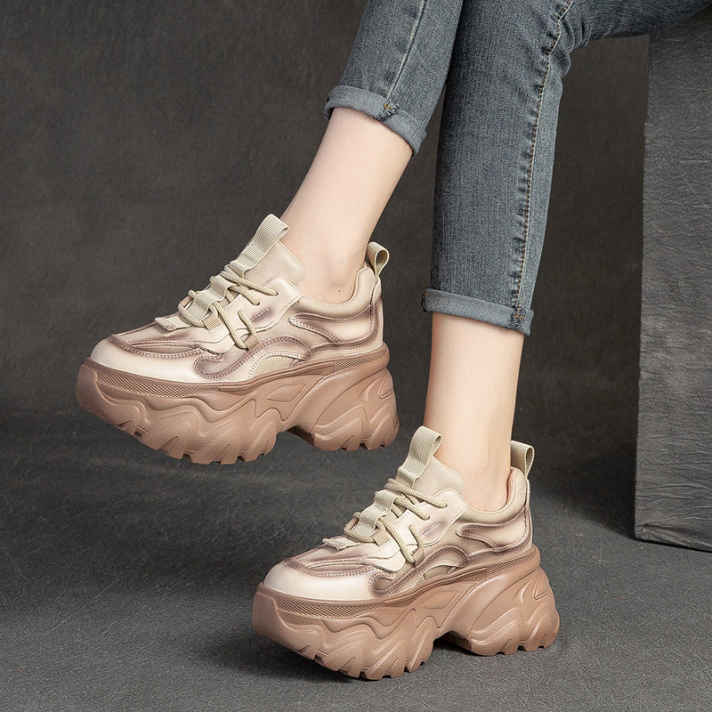 Women Retro Patchwork Leather Chunky Platform Sneakers-RAIIFY