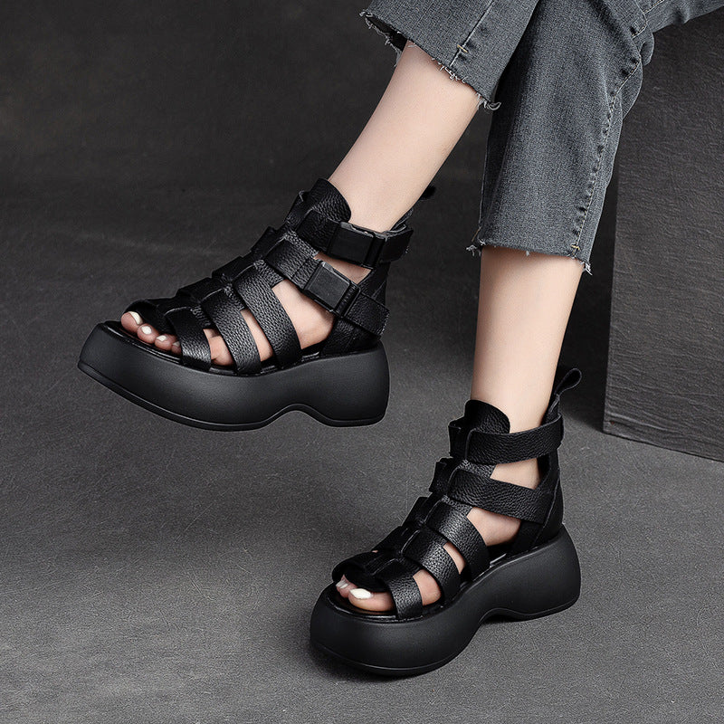 Women Summer Plaited Leather Chunky Platform Boots-RAIIFY
