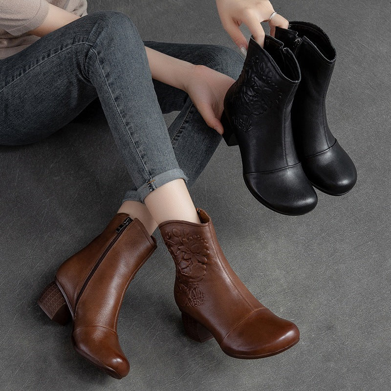 Women Retro Figured Leather Chunky Heel Mid-Calf Boots-RAIIFY