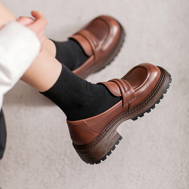 Women Casual Retro Leather Low Block Loafers-RAIIFY