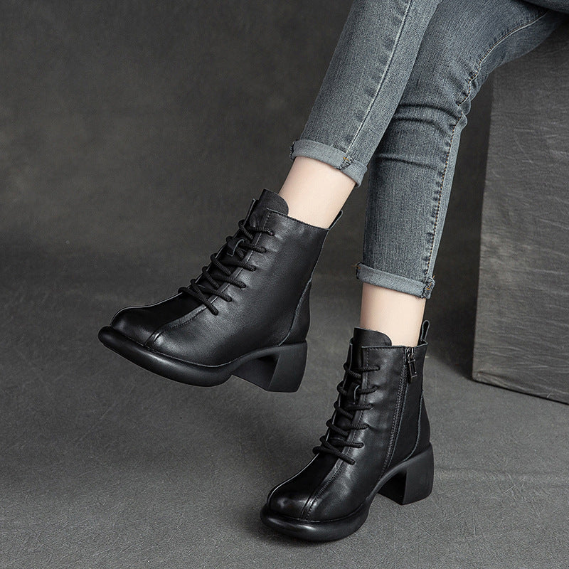 Women Retro Leather Chunky Heel Boots-RAIIFY
