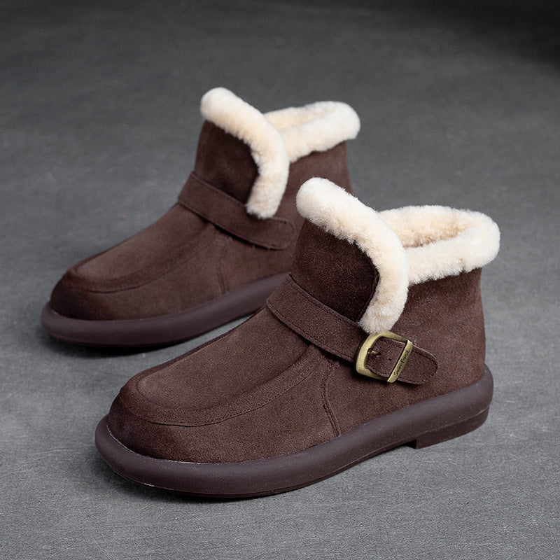 Women Retro Minimalist Leather Furred Winter Snow Boots-RAIIFY