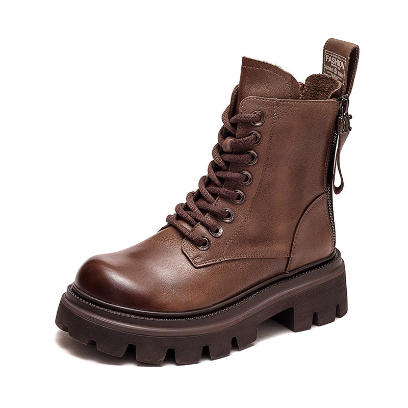 Women Retro Soft Leather Lug Sole Combat Boots-RAIIFY