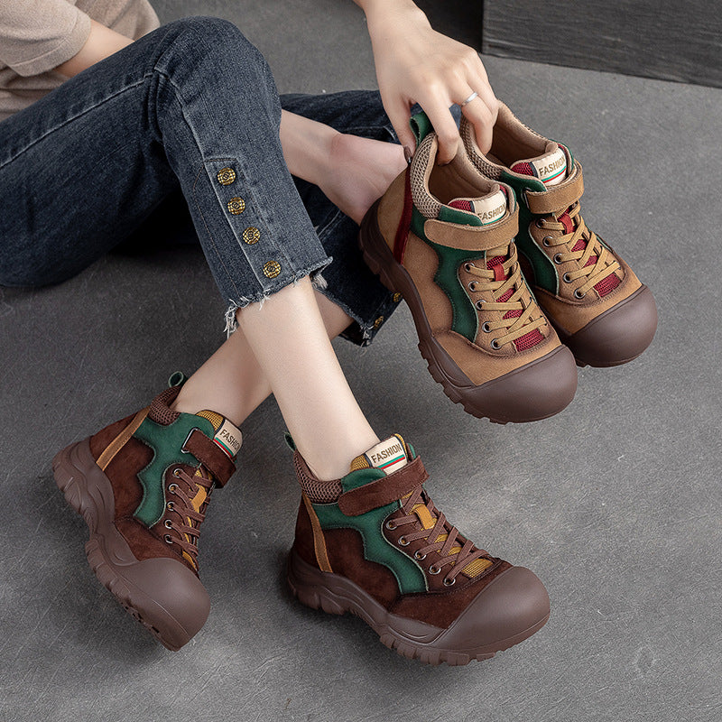 Women Pigskin Leather High Top Velcro Casual Shoes-RAIIFY