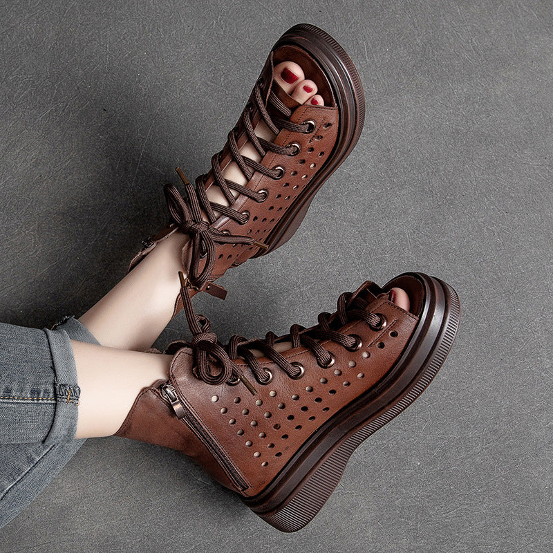 Women Summer Leather Peep Toe Ankle Boots-RAIIFY