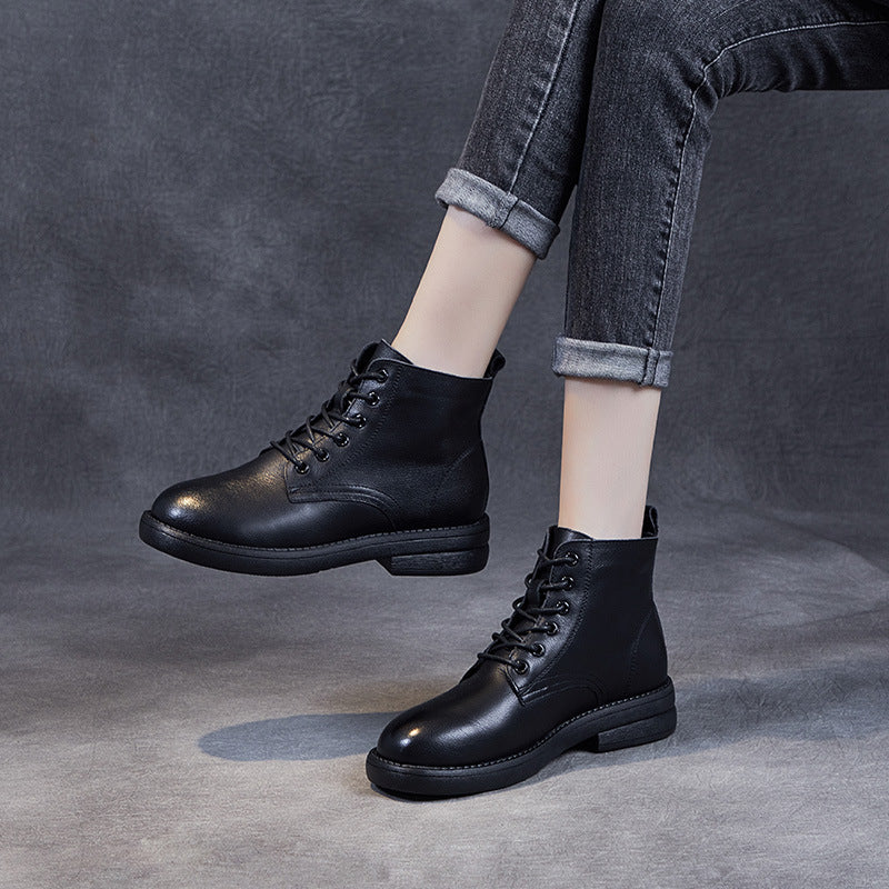 Women Solid Casual Leather Flat Boots-RAIIFY