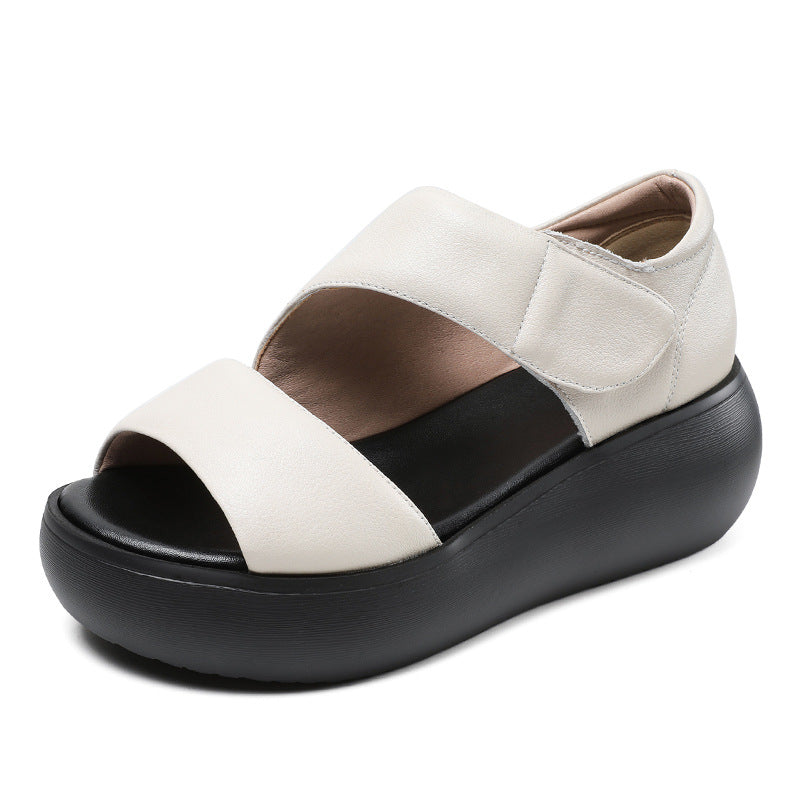 Women Minimalist Solid Leather Velcro Casual Sandals-RAIIFY