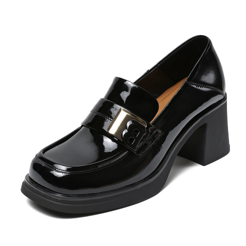 Women Casual Glossy Leather Chunky Heel Loafers-RAIIFY