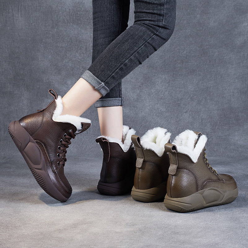 Women Retro Leather Wool Furred Flat Snow Boots-RAIIFY
