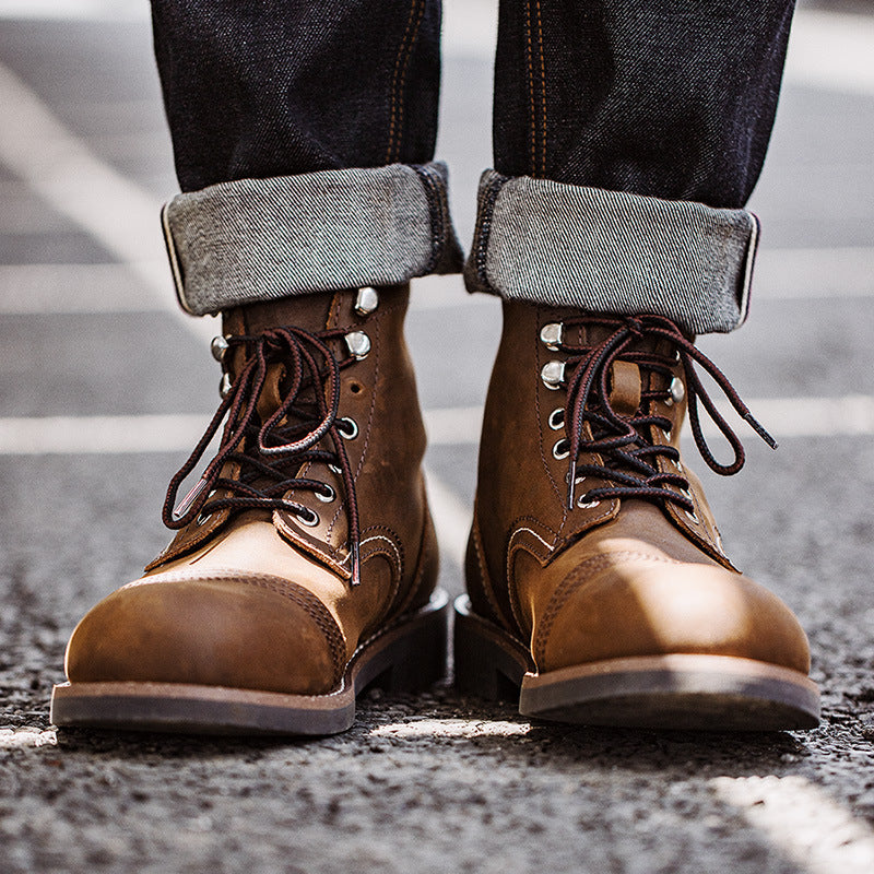 Men Classic Retro Cowhide Leather Combat Boots