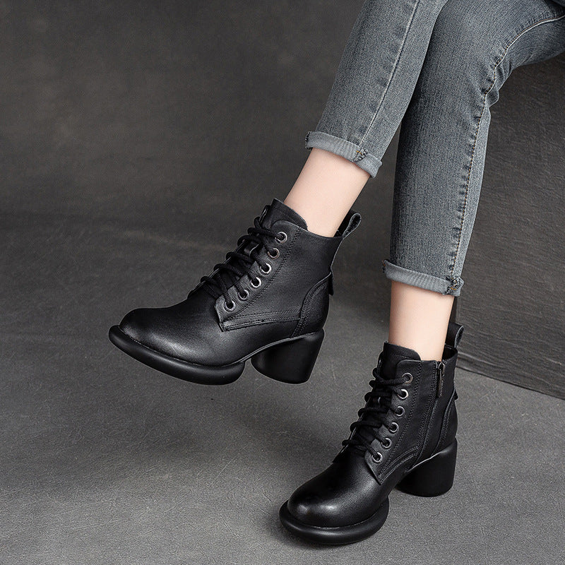 Women Minimalist Leather Casual Chunky Heel Boots-RAIIFY