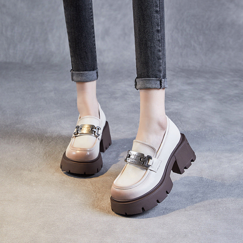 Women Retro Casual Leather Chunky Platform Loafers-RAIIFY