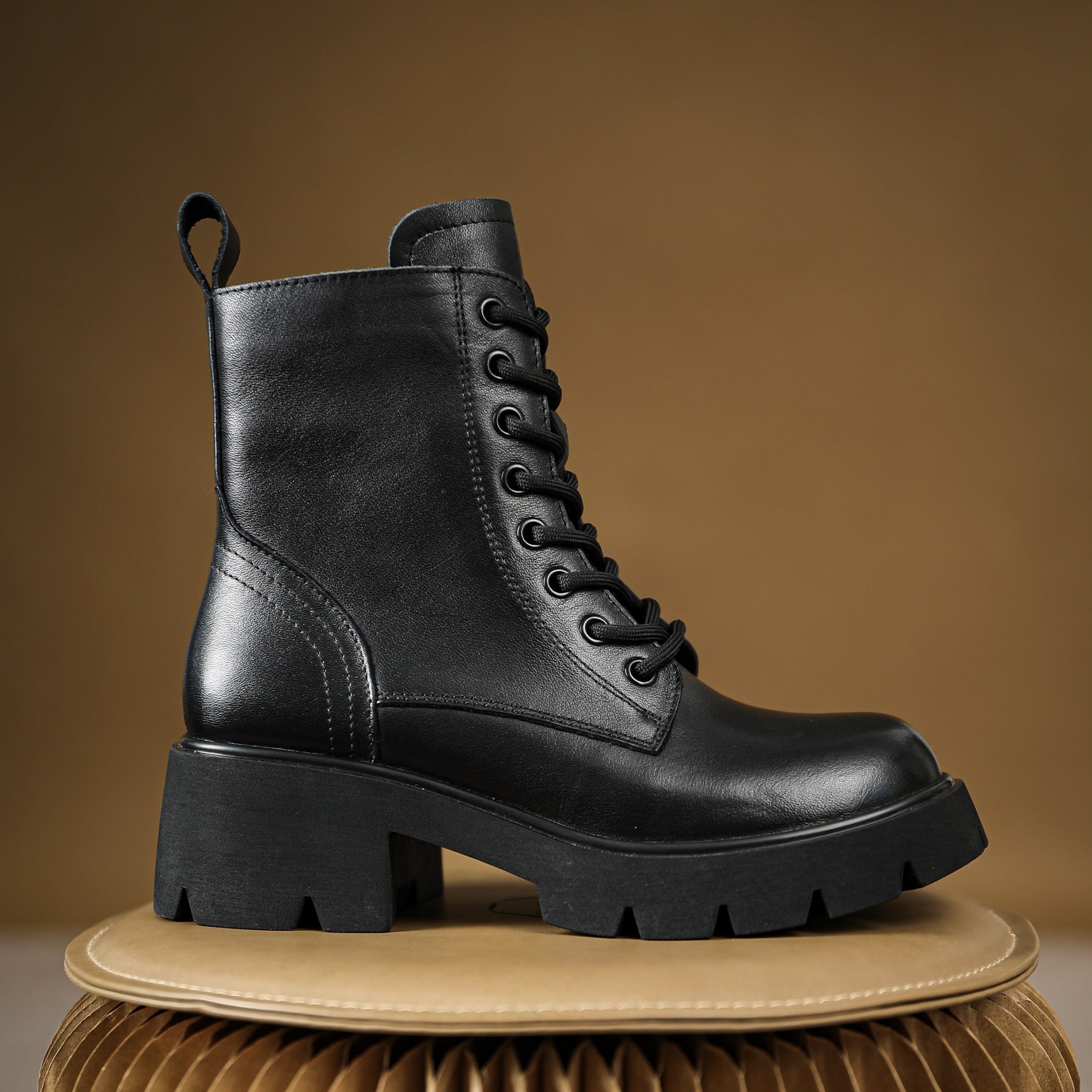 Women Classic Minimalist Leather Chunky Platform Combat Boots-RAIIFY