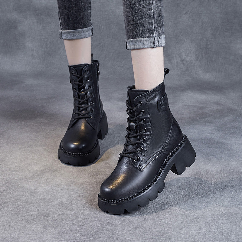 Women Minimalist Retro Leather Platform Boots-RAIIFY