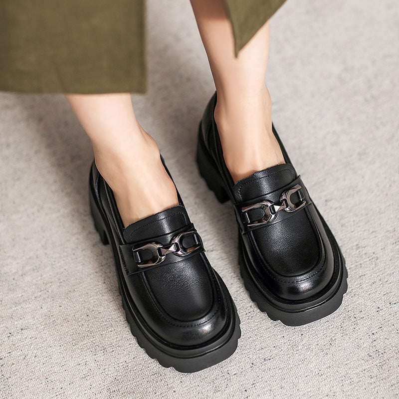 Women Retro Leather Chunky Sole Casual Loafers-RAIIFY