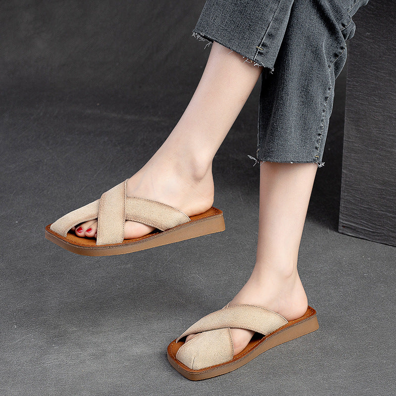 Women Retro Leather Flat Casual Slides-RAIIFY
