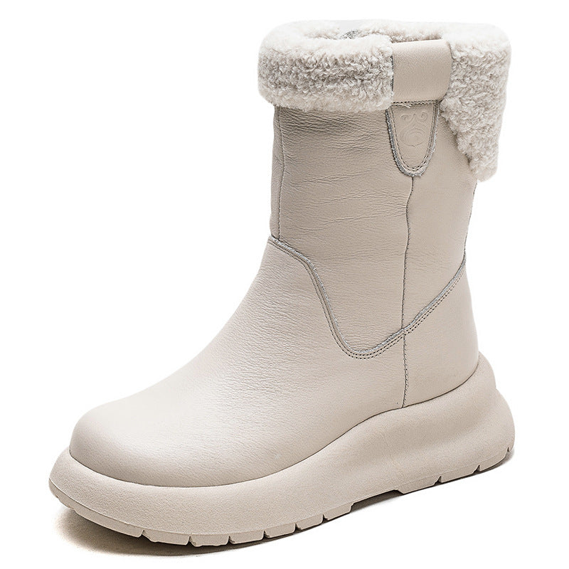 Women Retro Patchwork Leather Furred Snow Boots-RAIIFY
