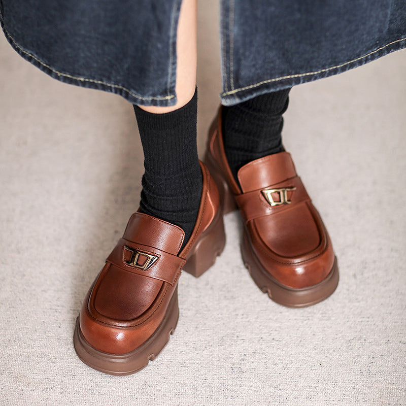 Women Retro Minimalist Leather Chunky Heel Loafers-RAIIFY