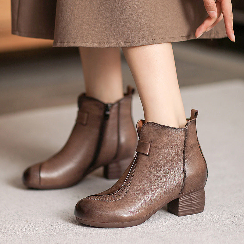 Women Casual Vintage Leather Chunky Heel Ankle Boots-RAIIFY