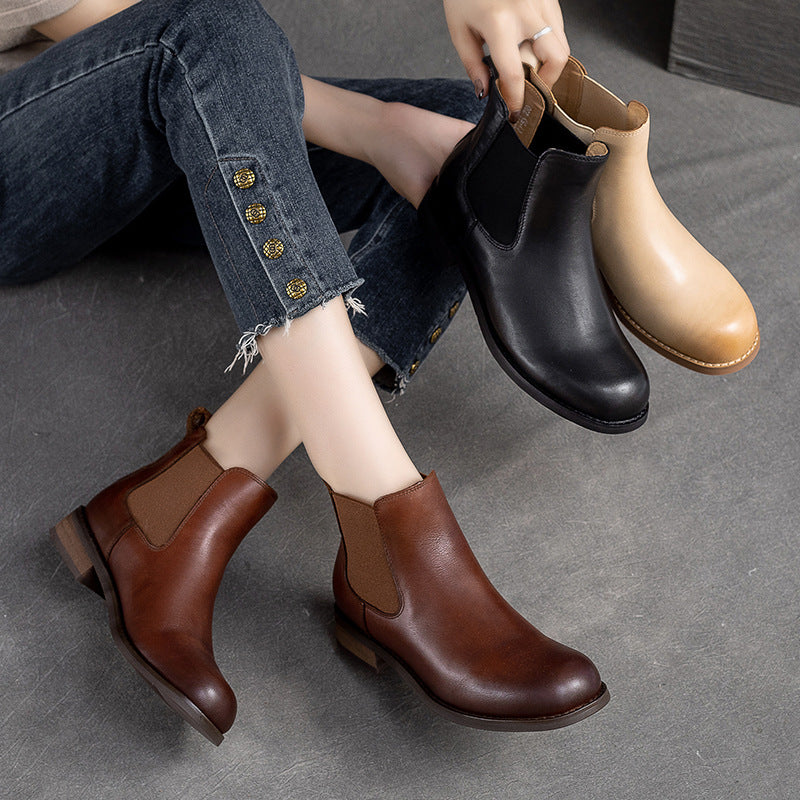 Women Retro Minimalist Leather Flat Ankle Boots-RAIIFY