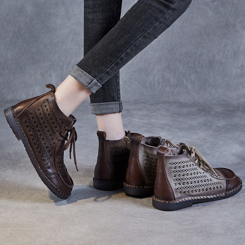 Women Retro Hollow Soft Leather Flat Ankle Boots-RAIIFY