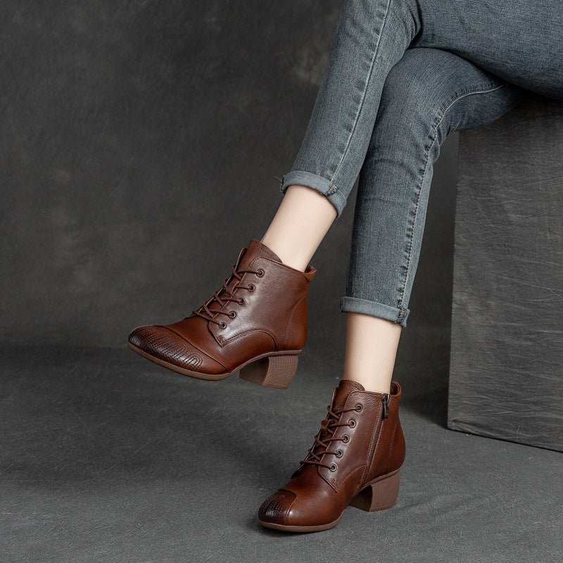 Women Retro Soft Leather Chunky Heel Ankle Boots-RAIIFY