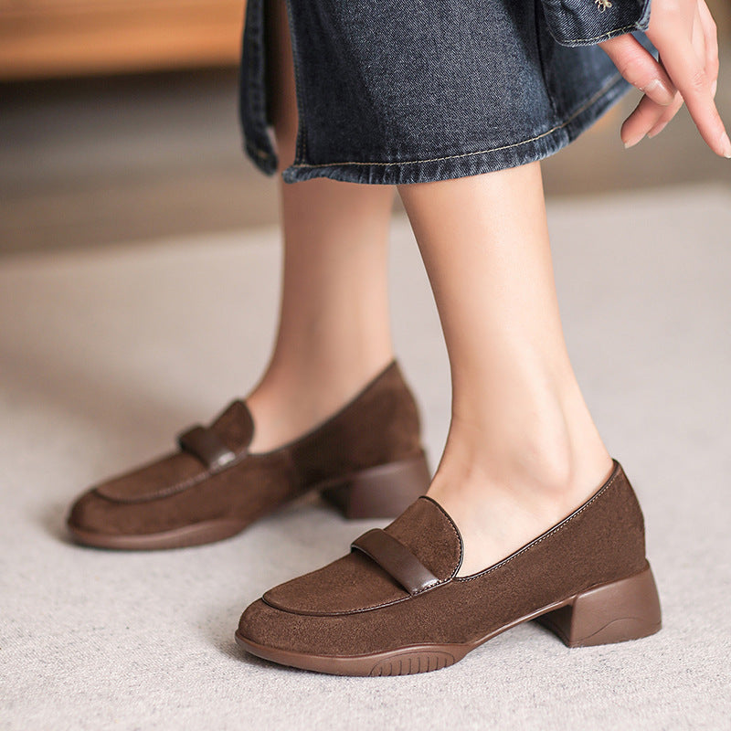 Women Retro Leather Minimliast Chunky Heel Loafers-RAIIFY