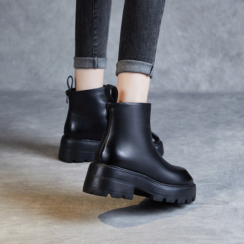 Women Minimalist Retro Leather Chunky Sole Boots-RAIIFY