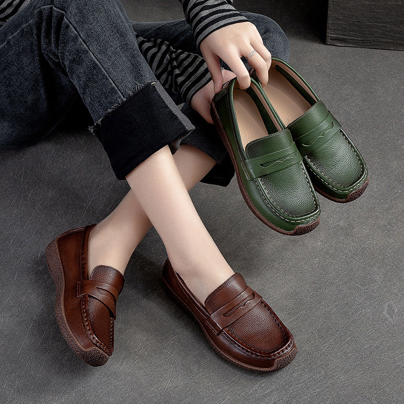 Women Retro Solid Leather Flat Casual Loafers-RAIIFY