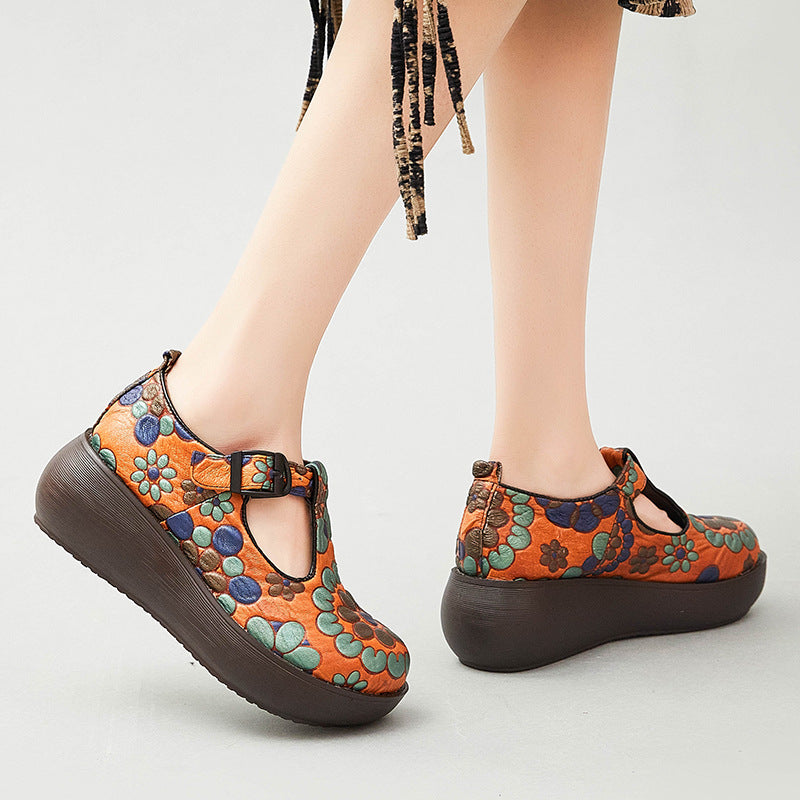 Women Retro Floral Cowhide Casual Shoes-RAIIFY