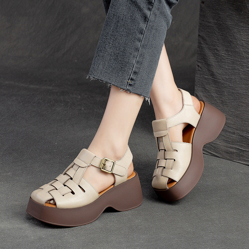 Women Summer Retro Leather Platform Casual Sandals-RAIIFY