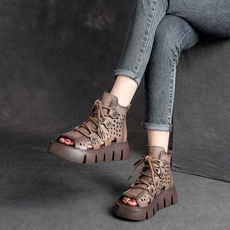 Women Leather Peep Toe Casual Platform Sandals-RAIIFY