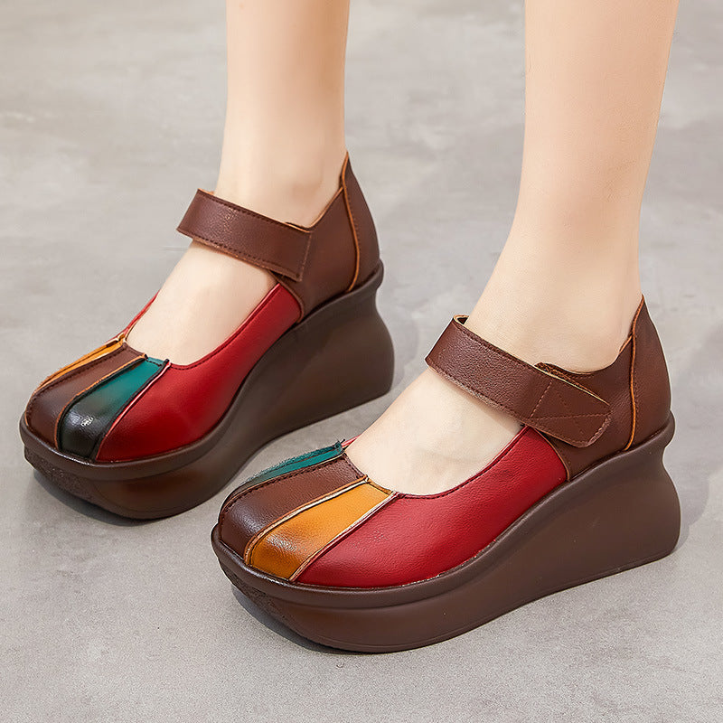 Women Color Matching Leather Casual Wedge Loafers-RAIIFY