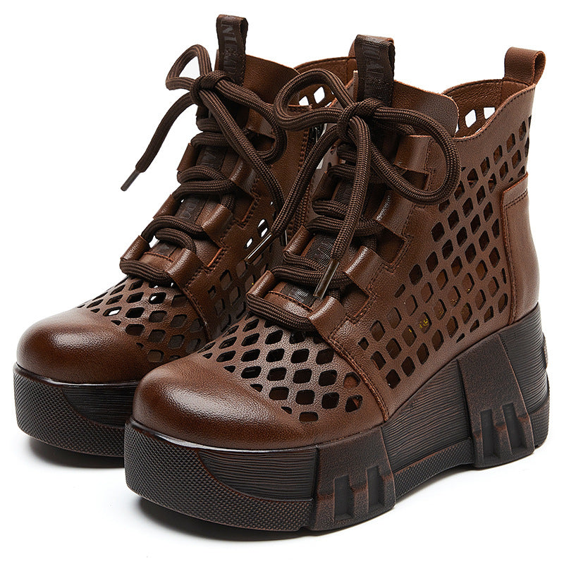 Women Retro Hollow Leather Platform Boots-RAIIFY