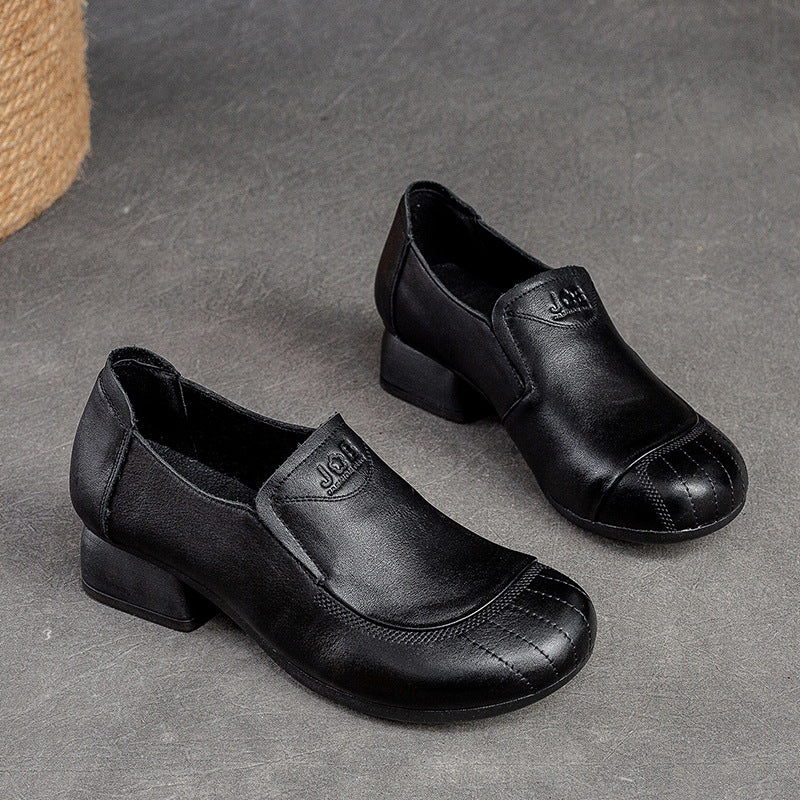 Women Retro Leather Chunky Heel Casual Shoes-RAIIFY