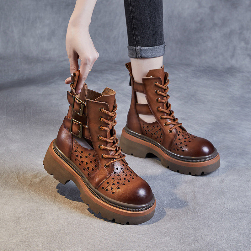 Women Retro Hollow Cutout Leather Boots-RAIIFY