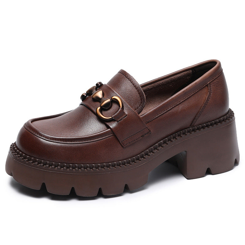 Women Retro Soft Leather Chunky Heel Loafers-RAIIFY