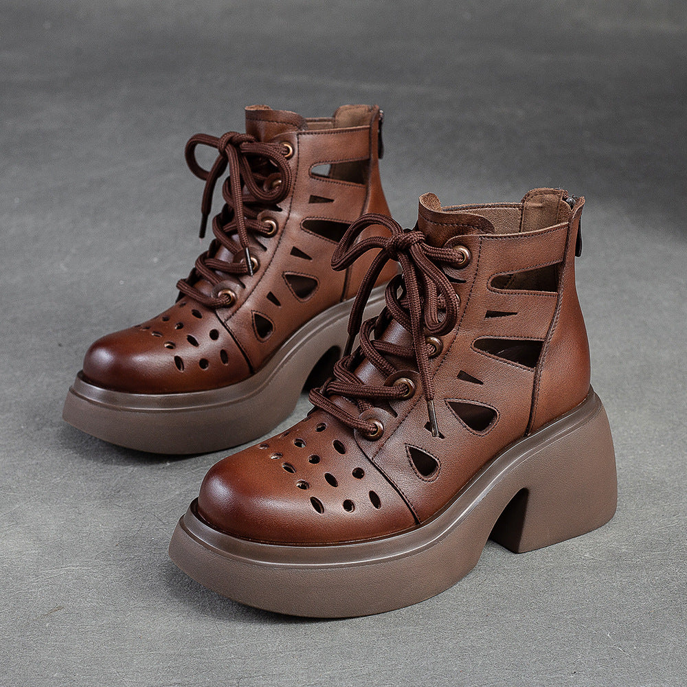 Women Summer Hollow Leather Chunky Heel Ankle Boots-RAIIFY