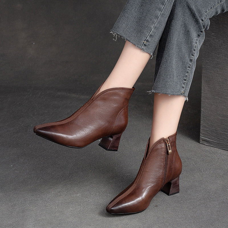Women Retro Minimalist Leather Chunky Heel Boots-RAIIFY