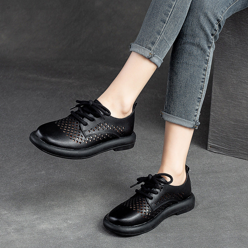 Women Summer Retro Hollow Leather Flat Casual Shoes-RAIIFY