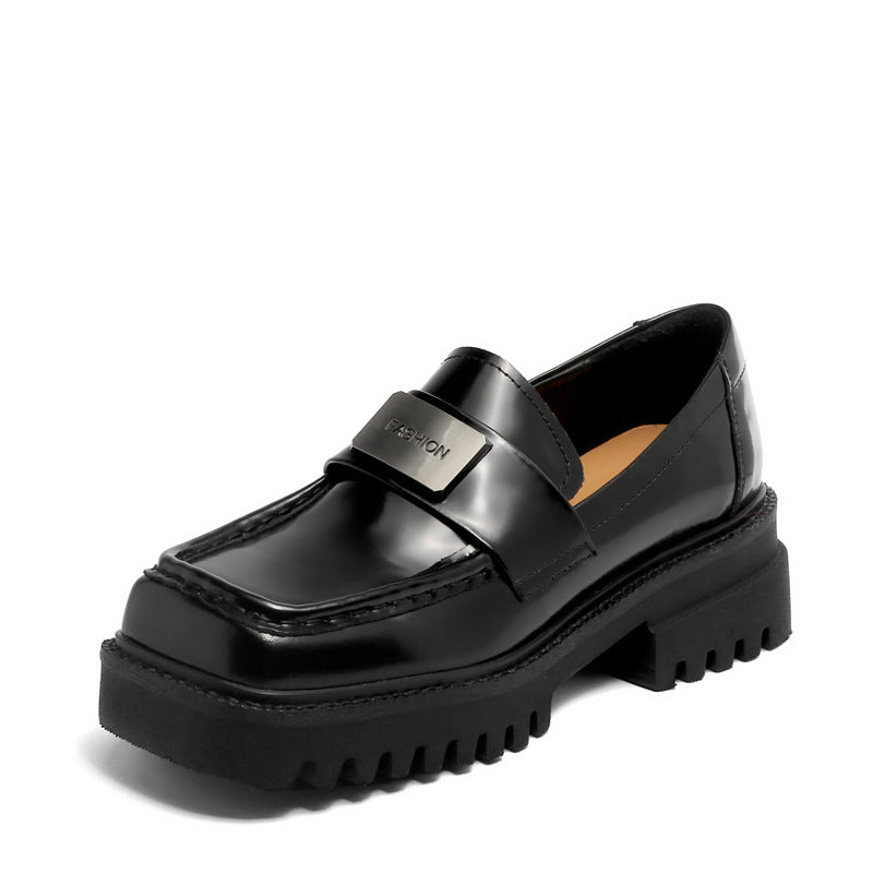 Women Retro Leather Chunky Sole Square Head Loafers-RAIIFY